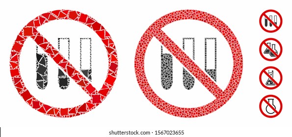 No test-tubes composition of irregular pieces in various sizes and color hues, based on no test-tubes icon. Vector irregular parts are grouped into composition.