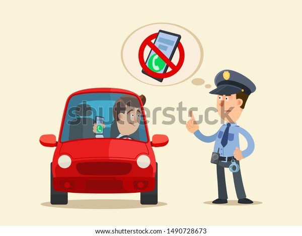 車の運転中は 携帯電話でのメールや話し合いは禁止 警察官は運転手に警告を発する 禁止標識 電話の使用は禁止されています ベクターイラスト 平らなカートーンスタイル 分離型背景 のベクター画像素材 ロイヤリティフリー