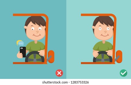 No texting ,No talking, Right and wrong ways riding to prevent car crashes.vector illustration