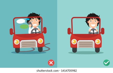 No texting ,No talking, Right and wrong ways riding to prevent car crashes.vector illustration