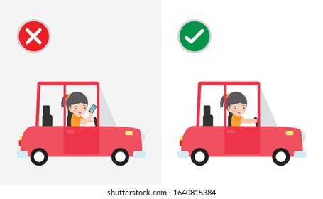 No texting ,No talking, Right and wrong ways riding to prevent car crashes. No driving and phone using sign isolated on white background vector illustration