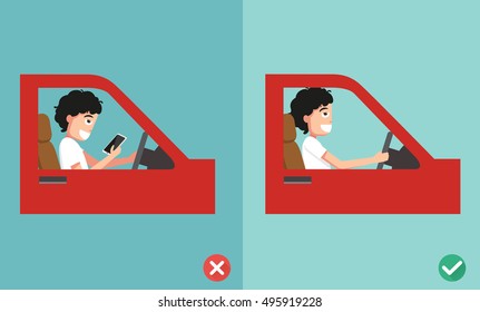 No texting ,No talking, Right and wrong ways riding to prevent car crashes.vector illustration