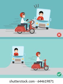 No texting ,No talking, Right and wrong ways riding to prevent car crashes.vector illustration