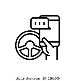 No texting while driving, hand holding smartphone with chat and steering wheel. Driver caution. Modern vector illustration.