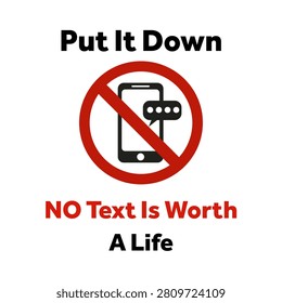 No Texting While Driving Safety Awareness Poster with Put It Down Message Smartphone Prohibition Sign and Distracted Driving Vector Illustration