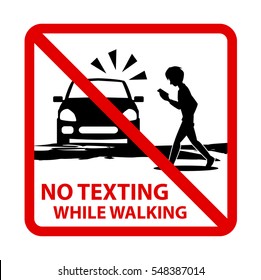 No Texting While Walking Caution Concept Sign , Isolated on White Background Vector Illustration