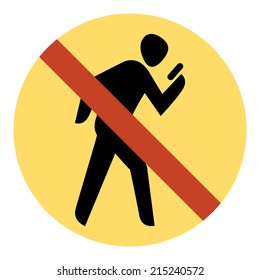 No texting while walking circle sign with yellow background | Texting is prohibited while walking | Pictogram of man browsing his mobile device while walking | No texting while walking allowed vector