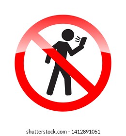 No texting while walking round sign with white background - sign means texting is prohibited while walking - No texting, sms, surf the web while walking allowed vector