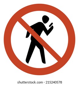 No texting while walking round sign with white background | Texting is prohibited while walking | Pictogram of man browsing his mobile device while walking | No texting while walking allowed vector