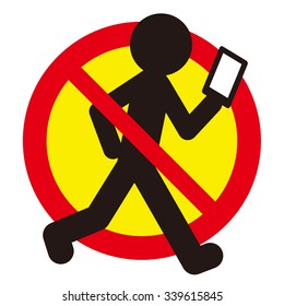 No Texting while Walking, No use Smart Phone while Walking, warning sign illustration