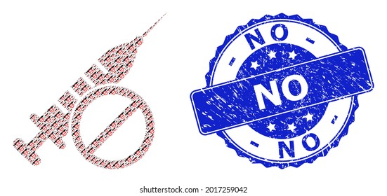 No textured round stamp seal and vector recursion collage no vaccine. Blue stamp seal contains No title inside round shape. Vector mosaic is organized from random no vaccine icons.