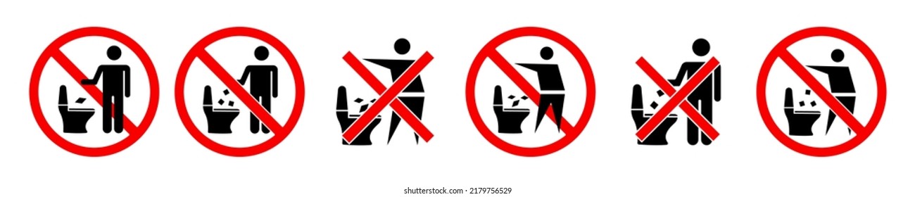 No throw paper or trash on toilet. Set of no toilet littering vector stickers. Prohibition, forbidden and warning signs for WC. Rule for WC.