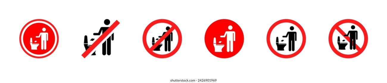 No tirar papel o basura en el inodoro. Conjunto de pegatinas vectoriales sin basura de inodoro. Prohibición, prohibido y señales de advertencia para WC.