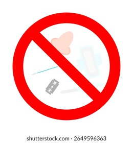 No throw in toilet symbol, tampon, pad or blade, vector of no flush, disposal tampon pad, sanitary razor, hygiene plumbing, illustration