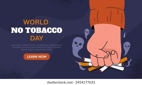 No tobacco banner. Hand with cigarette. Addiction for nicotine, bad habits and unhealthy lifestyle. Stop smoking. Landing webpage design. Cartoon flat vector illustration isolated on dark background