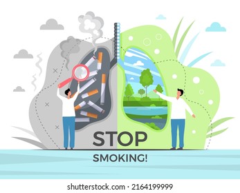 No tobacco concept. Damaged lungs in unhealthy human body destroyed respiration systems recent vector background in flat style