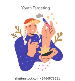 No Tobacco Day concept. Awareness illustration showcasing dangers of vaping and juvenile addiction. Youth targeted by nicotine marketing strategies. Vector illustration.