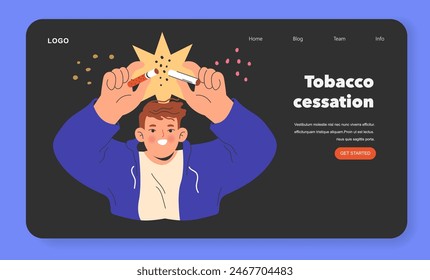 No Tobacco Day concept. Graphic of a man breaking a cigarette, symbolizing quitting smoking for better health. Smoking cessation support message. Vector illustration.