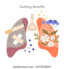 No Tobacco Day concept. Healthy lung rejuvenation after quitting smoking contrasted with damaged organ. Recovery, cleanliness, and health promotion. Vector illustration.