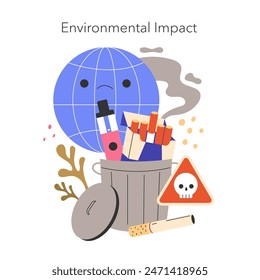 No Tobacco Day concept. Illustration of Earth impacted by cigarette waste, showcasing pollution and health warnings. Vector illustration.