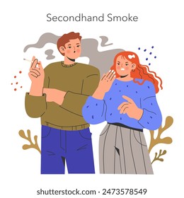 No Tobacco Day concept. Illustration raising awareness about the dangers of secondhand smoke affecting nonsmokers. Vector illustration.