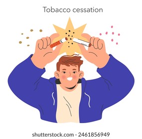 No Tobacco Day concept. A man breaks a cigarette, committing to quitting smoking for health. Positive lifestyle change. Vector illustration.