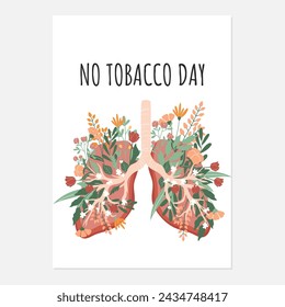 No tobacco day handdrawn poster. Colourful illustration of human lungs full of flowers and leaves.