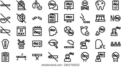 No Tobacco Day Icons collection is a vector illustration with editable stroke.