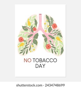 No tobacco day poster in soft colors. Handdrawn human lungs full of flowers and leaves