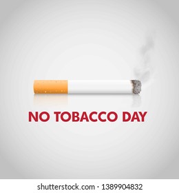 No tobacco day. Realistic Burns cigarette with smoke on grey background. 