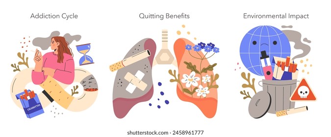 No Tobacco Day set illustrating addiction cycle, lung recovery after quitting, and tobacco's environmental impact. Awareness, health, and conservation themes. Vector illustration.