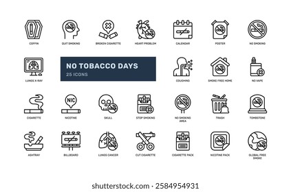 no tobacco days anti smoking campaign awareness detailed outline line icon set