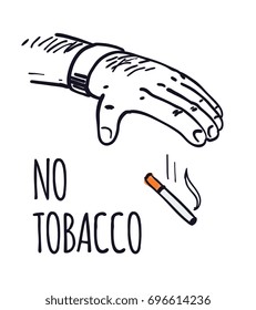 no tobacco sign, comic style man hand tossing away a cigarette, hand drawn vector illustration.