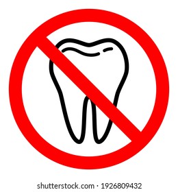 No tooth icon. Stop or ban red round sign with tooth icon. Vector illustration. Forbidden sign.