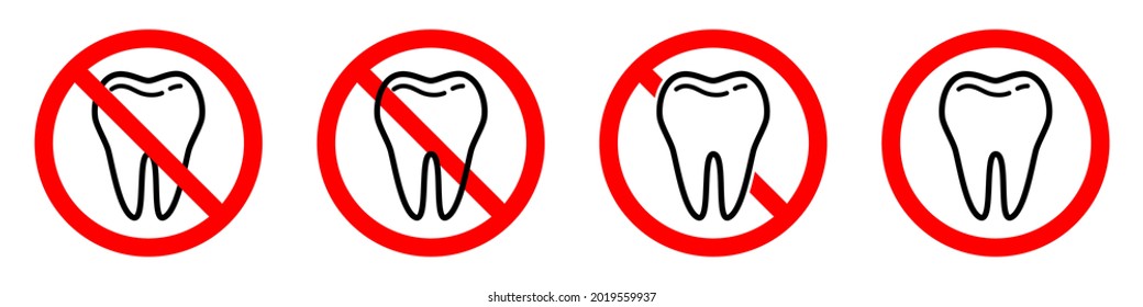 No tooth icon. Stop or ban red round sign with tooth icon. Vector illustration. Forbidden signs set.