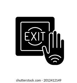 No touch exit switch black glyph icon. Exit button with infrared sensor which allows user to unlock door without touching button. Silhouette symbol on white space. Vector isolated illustration