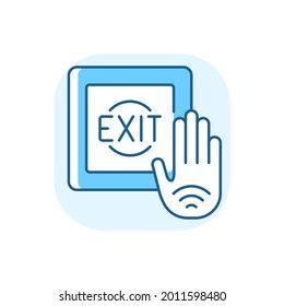 No touch exit switch blue RGB color icon. Exit button with infrared sensor which allows user to unlock door without touching button. Isolated vector illustration