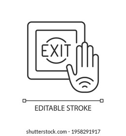 No touch exit switch linear icon. Button with infrared sensor which allows user to unlock door. Thin line customizable illustration. Contour symbol. Vector isolated outline drawing. Editable stroke