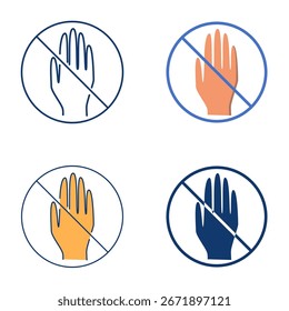 Nenhum toque plano e ícone de linha definido. Sinal de proibição, mão riscada. Ilustração vetorial