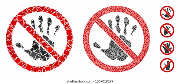 No touch hand composition of tuberous pieces in various sizes and color hues, based on no touch hand icon. Vector bumpy pieces are combined into composition.