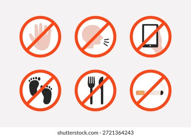 No toque, no se calle, no hay teléfono móvil, no hay pasos, no comer y dejar de fumar prohibición de firmar colección. Precaución, restricción, advertencia, conceptos de aviso. Ilustración aislada de diseño de Vector plano.
