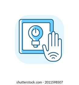No hay ningún icono de color RGB azul con interruptor de luz táctil. Los interruptores sin contacto incorporan un sensor que detecta la placa de interruptor decorativo de los picos de mano. Ilustración vectorial aislada
