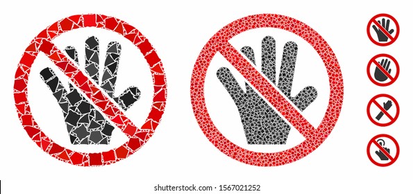 No touch palm mosaic of unequal pieces in different sizes and color hues, based on no touch palm icon. Vector uneven pieces are grouped into collage. No touch palm icons collage with dotted pattern.
