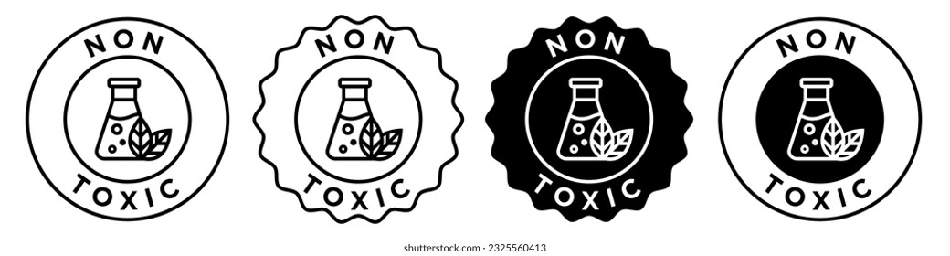 Ningún ícono tóxico libre. Colección de conjunto de símbolos no químicos en blanco y negro. Signo vectorial del matraz de laboratorio con hojas delineadas y rellenas. Sello de emblema seguro para el medio ambiente. insignia de sello libre de veneno.