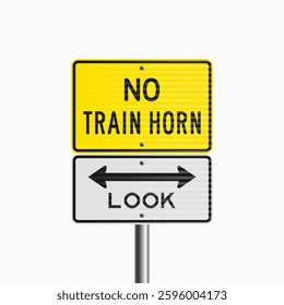 No Train Horn and Look Signs: vector illustration of traffic signs signaling a railroad crossing ahead with a quiet zone