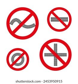 Kein Zugsymbol für Tracks. Bahnübergang verboten. Bahnbau verboten. Vektorillustration. EPS 10.