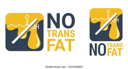 NO trans fat square badge - crossed out fatty acid drop with chemical formula. Labeling for natural organic healthy food