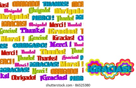 (NO TRANSPARENCY) 1. Gracias Message Background   2. Editable Set of Thank You Messages in Four Languages and Six Colors   3. Seamless International Thank You Background Underneath