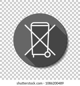 No trash bin, crossed litter. Linear icon with thin outline. White flat icon with long shadow in circle on transparent background. Badge or sticker style