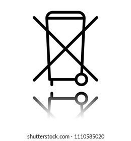 No trash bin, crossed litter. Linear icon with thin outline. Black icon with mirror reflection on white background